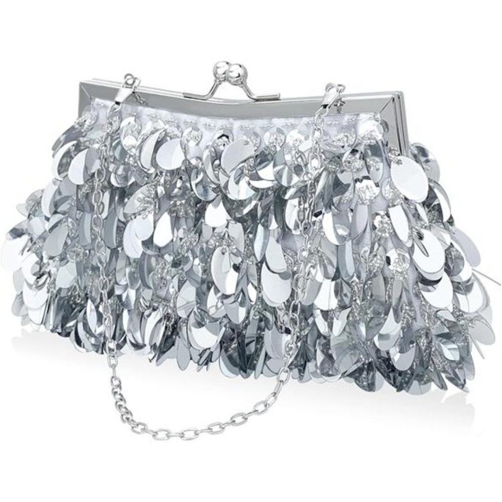Sparkly Silver Evening Clutch Purse for Women Elegant Sequined Party Handbag